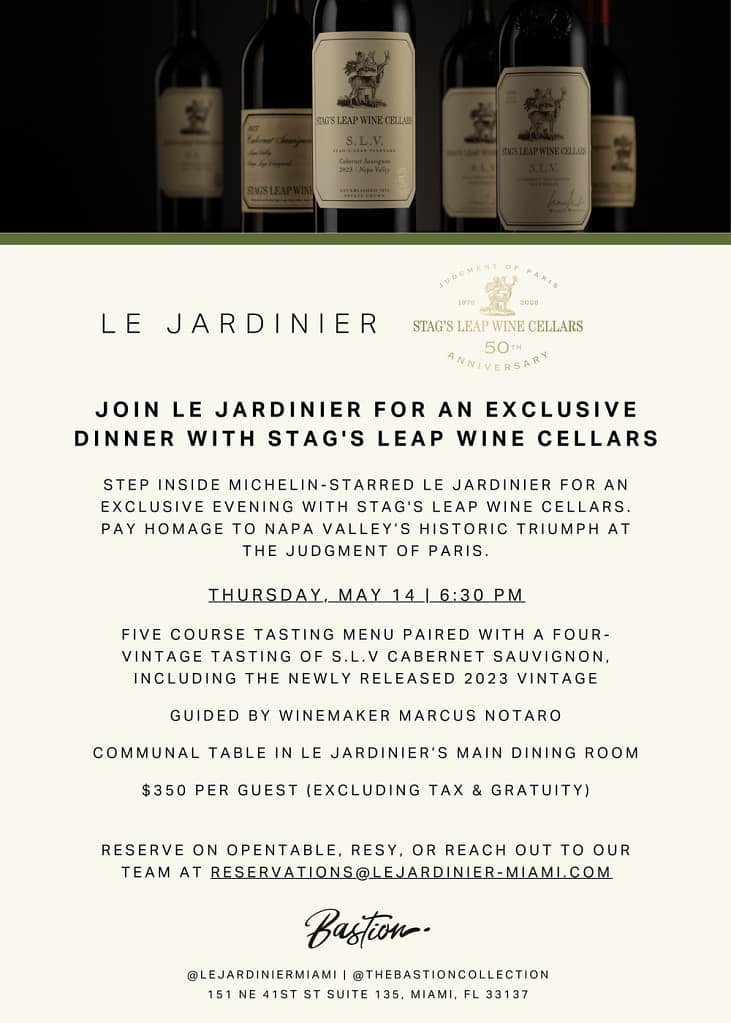 Two Wine Dinners To Know About In Miami As Bastion Collection's L’Atelier de Joël Robuchon and Le Jardinier Miami Host Domaine de La Bouche du Roi and Stag's Leap